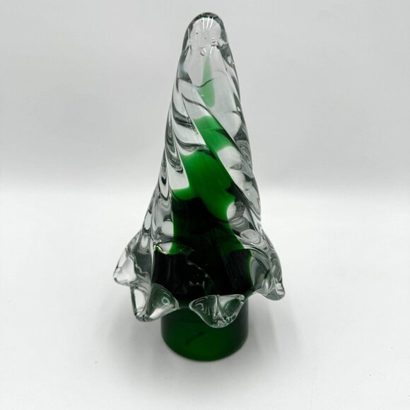 Glass Christmas Tree Paper Weight Clear Green Holiday - Picture 1 of 13